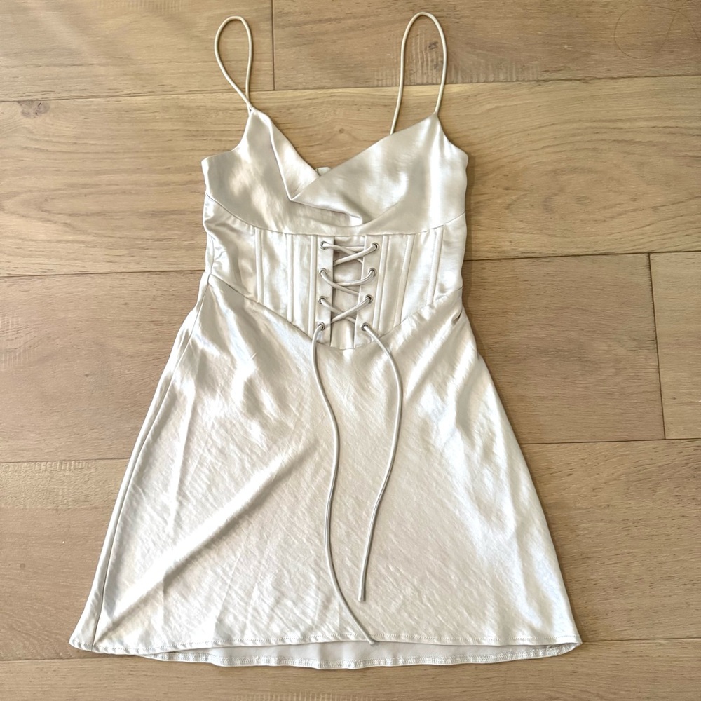 Champagne satin lace-up mini dress (size S)
